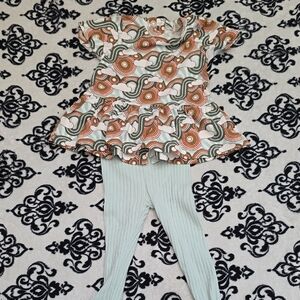 Girls' Retro Print Peplum Top with Sage Ribbed Leggings